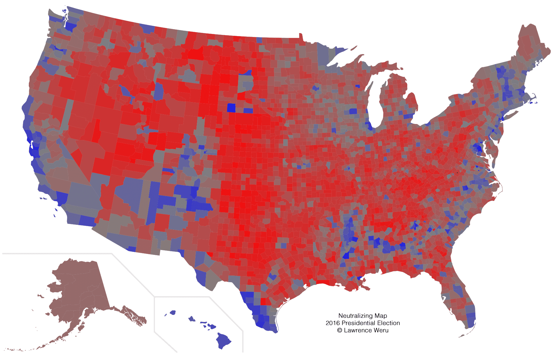 We see a county-level map of the United States, where each county is a hue in the range between red and blue depending on vote margin, with a grey intermediary.