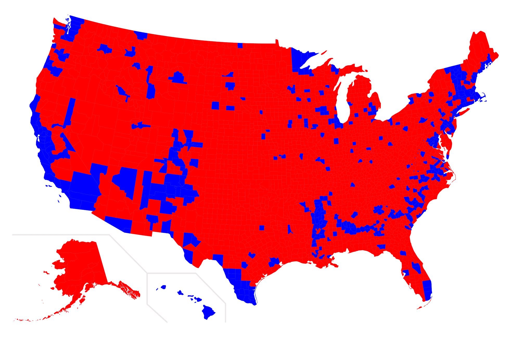 The 2016 County-Level Winner-Takes-All map. We see a county-level map of the United States with each county either red or blue. The vast majority of counties are red.