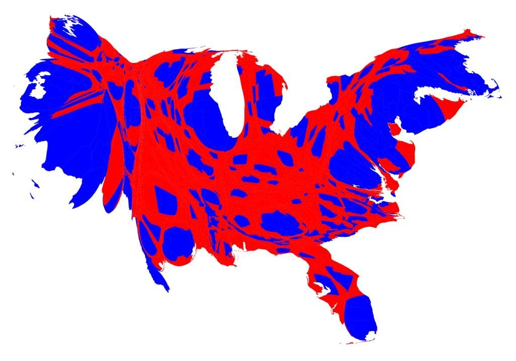 We see a distorted county winner map of the US, where the land area of the counties with more voters is expanded, while the land area of the counties with fewer voters is compressed.