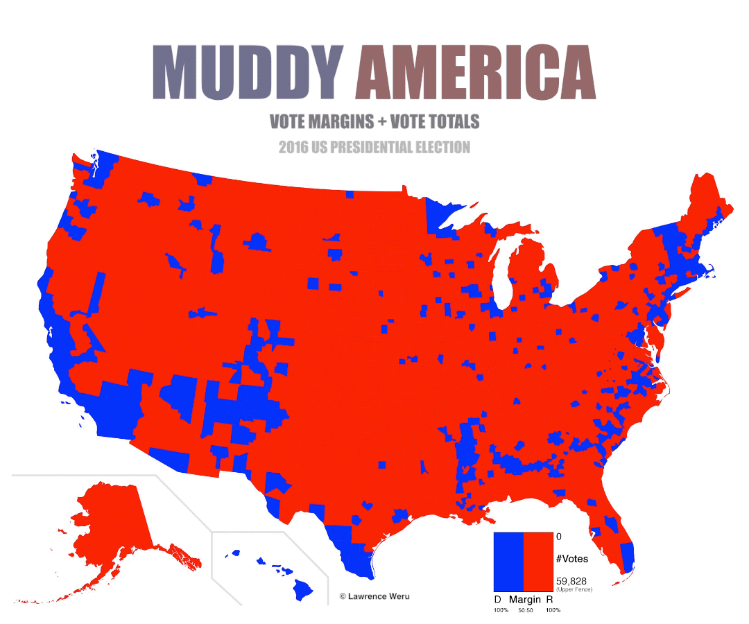We see an animated GIF of a county level map of the United States, titled "Muddy America, Vote Margins + Vote Totals, 2016 US presidential election. The counties go from the colors they would have in a county winner map to the colors they have in a "muddy map."