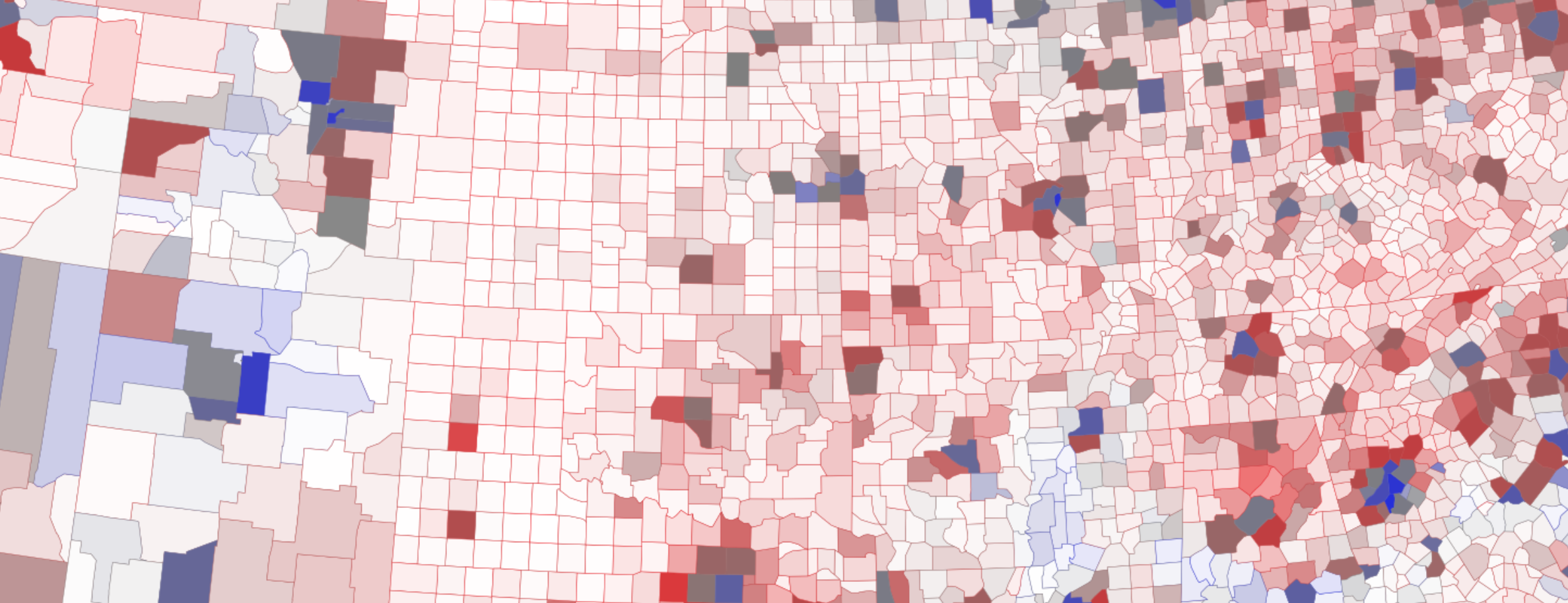 We see a zoomed in crop of the Muddy America map, showing lightly colored counties and darker colored counties, all with hues in the range between red and blue, with a grey intermediary