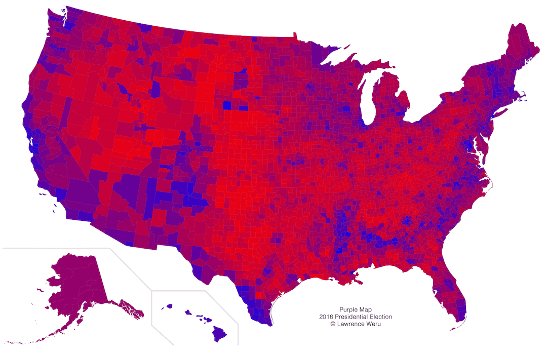 We see a county-level map of the United States, where each county is a hue in the range between red and blue depending on vote margin, with a purple intermediary.